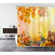 HVEST Autumn Harvest Pumpkin Shower Curtain, Farmhouse Harvest Fruits Vegetables Maple Leaf Bathroom Shower Curtain Orange Polyester Fabric Decor Curtain with Hooks, 72X72 inch