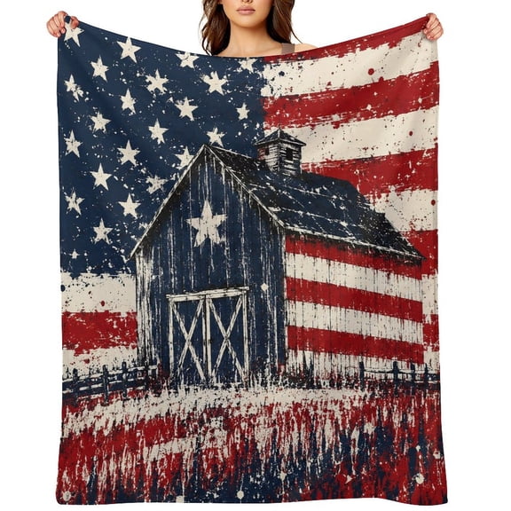 GooTPa Patriotic Barn Field Grunge Soft Flannel Throw Blanket, Lightweight Fuzzy Warm Cozy Blanket for Couch Bed Home Travel Decor