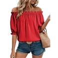 thumbnail image 2 of Womens Tops Short Sleeve Shirts Off the Shoulder Tops for Women Crewneck Dressy Casual Blouses Red S, 2 of 5