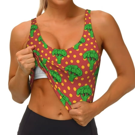 Qokaie Broccoli Pattern Womens Scoop Neck Sports Bra Breathable Workout Vest Padded U Back Medium Impact Fitness Gym Yoga Bra Workout Crop Top