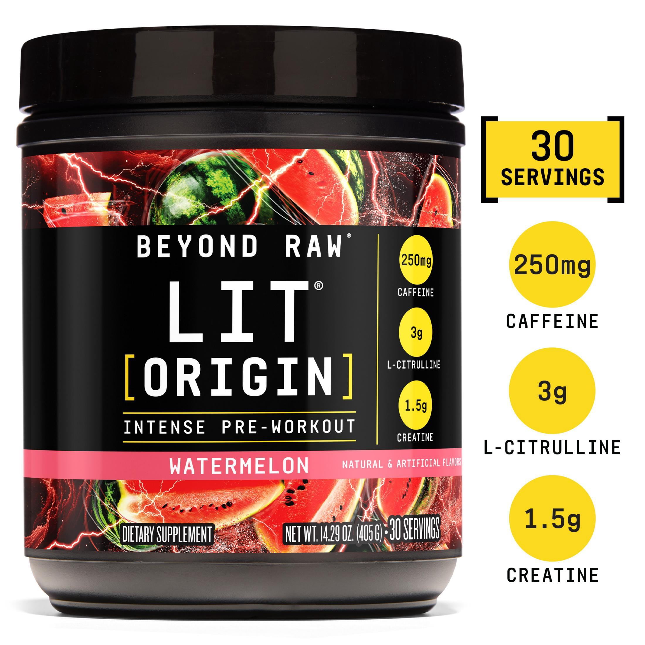 Beyond Raw LIT Origin Pre Workout Powder, Watermelon, for Men & Women, Energy & Pumps, 30 Servings