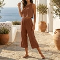 thumbnail image 6 of Women's 2-Piece Linen-Look Lounge Set, Sleeveless Crop Top with High Waist Drawstring Capri Pants, Summer Casual Beach Vacation Outfit Coffee L, 6 of 7