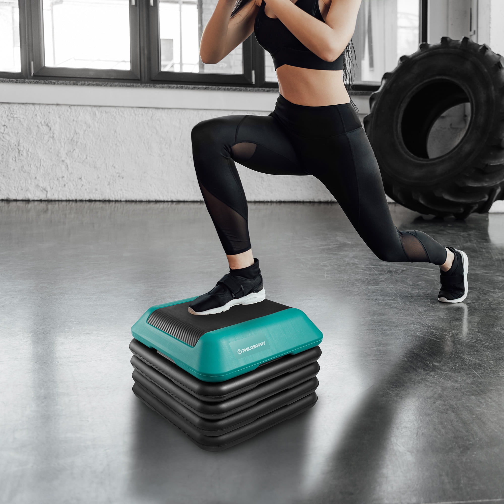 Philosophy Gym Aerobic High Step Platform with Adjustable Height and 4 Risers, 16" x 16" - Green