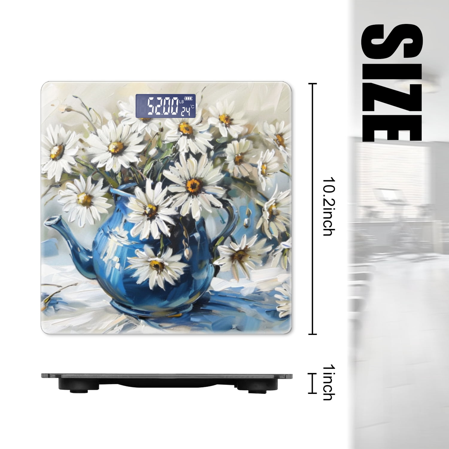 High Precision Body Weight Scale Smart Bathroom Scales with Large LCD Display(400lbs),Decorative for Bedroom-Beautiful Oil Painting Of Daisies In Blue Teapot
