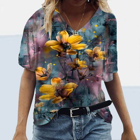 Styesk Womens Tops Womens Summer V Neck T Shirts Printed Loose Casual Tshirts