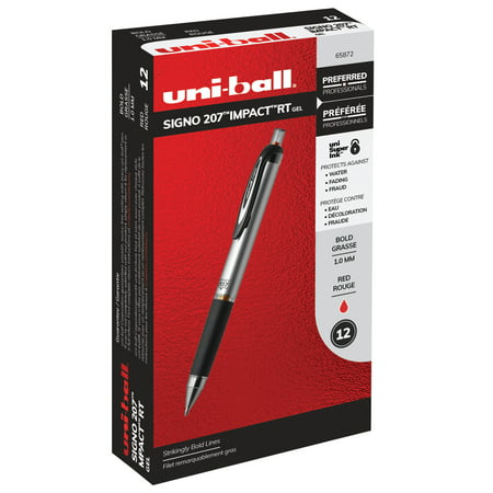 Uni-ball 207 Impact Retractable Gel Pens, Bold Point (1.0 mm), Red, 12 Count