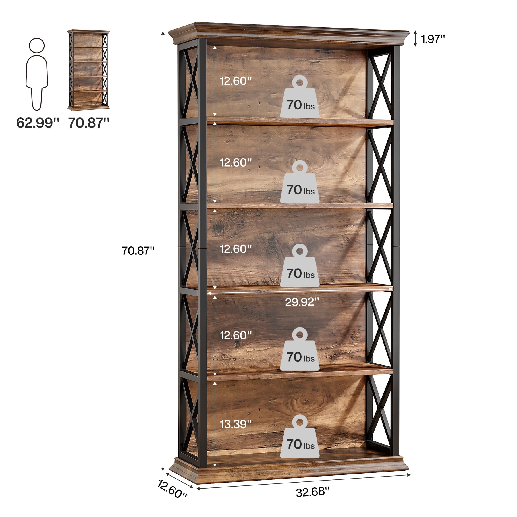 Fnova 71" 5-Tier Tall Bookshelf, Industrial Wood Bookcase with Metal Frame, Floor Standing Display Storage Shelves for Home Office, Living Room, Bedroom
