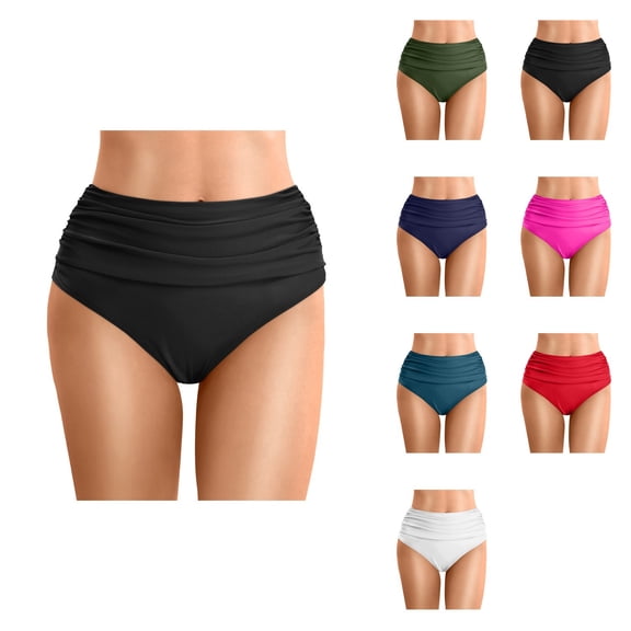 Women's Plus Size High Waisted Bikini Bottoms, Tummy Control Ruched Bathing Suit Swim Briefs with Full Coverage for Beach and Sports