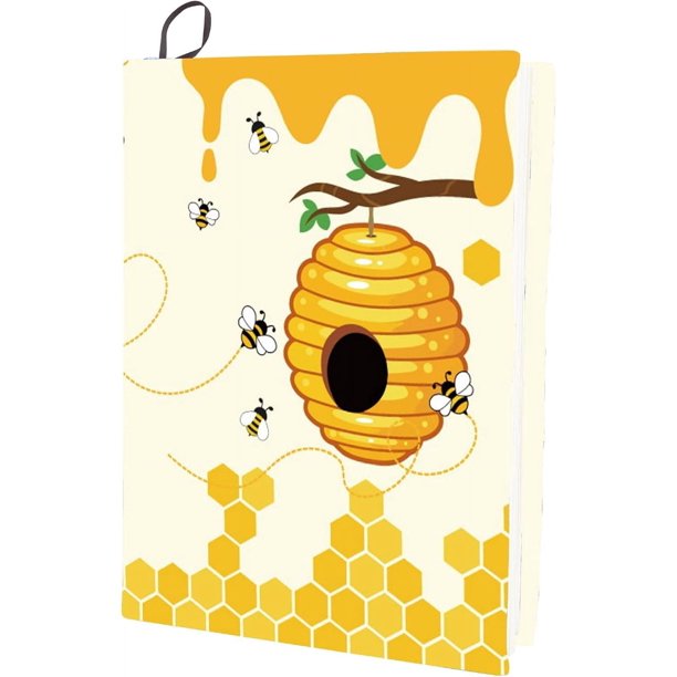 Funda elástica para libros con diseño de abeja, color amarillo miel, lavable y reutilizable. Funda protectora grande de nailon y poliéster elástico para cuadernos.