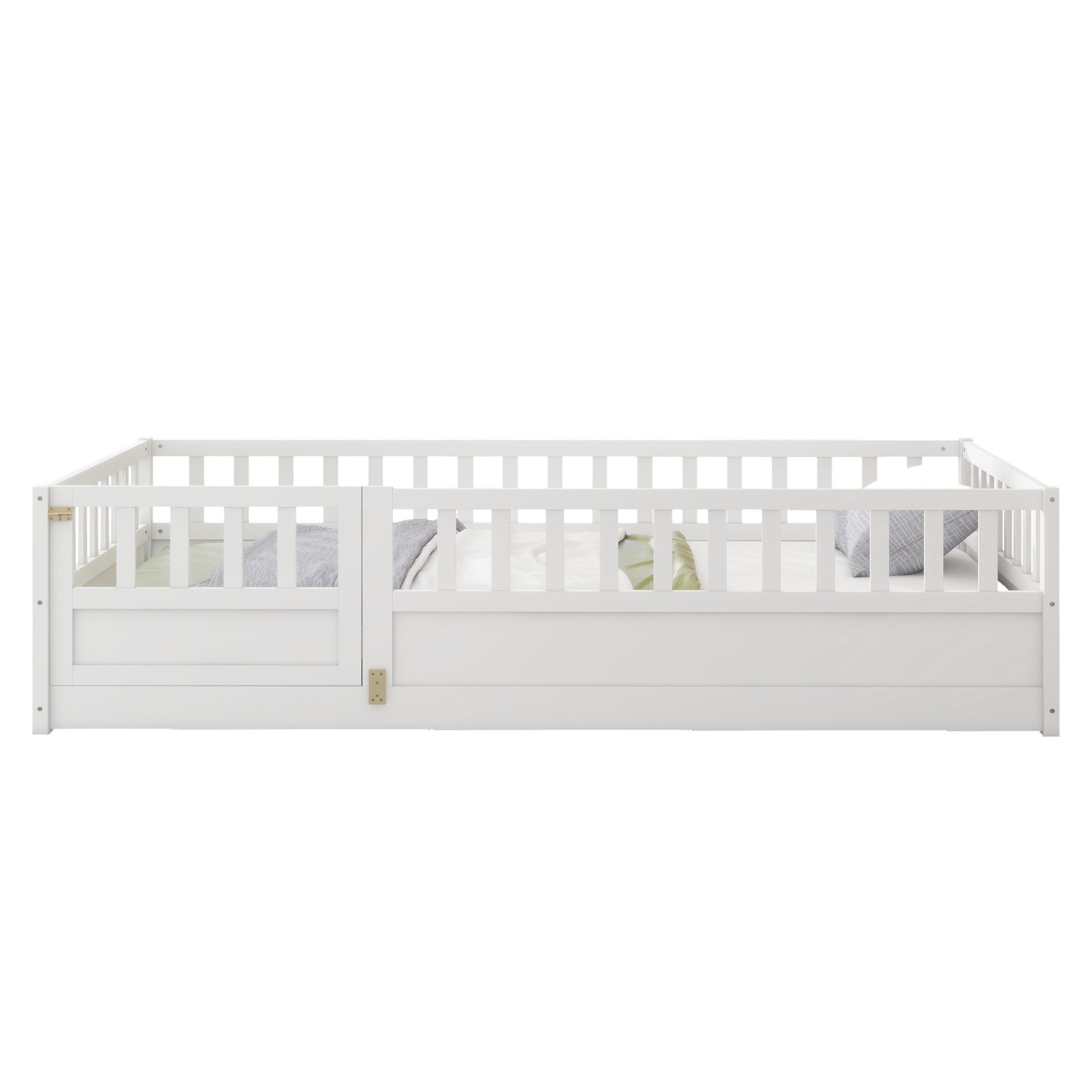 Noble House Twin Size Montessori Floor Bed with Guardrails and Door, Wood Kids Bed Frame, White