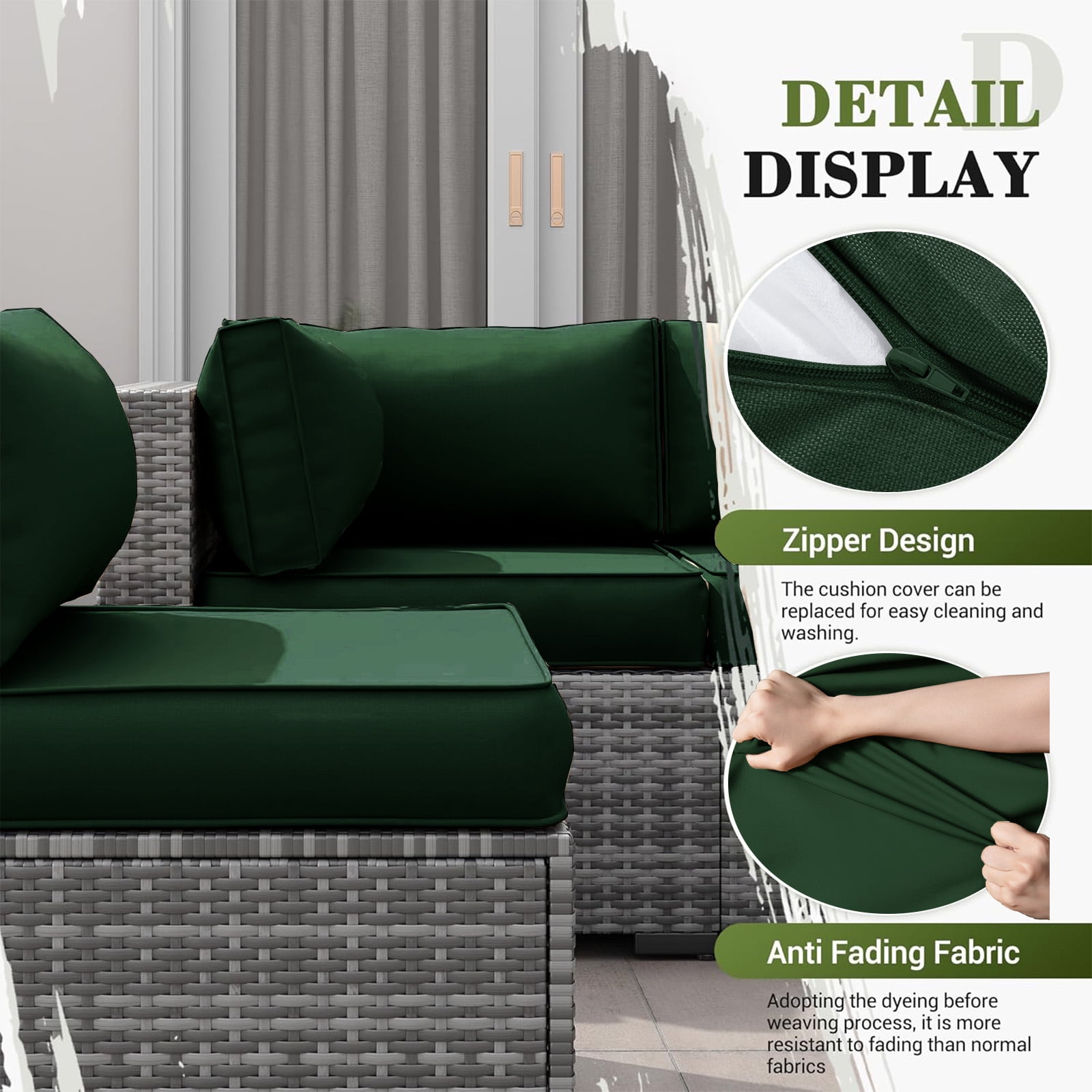 PUKNLY Outdoor Furniture Replacement Cushions, Fits 6-seat Sectional Rattan Conversation Set, 14 Piece Patio Water-Resistant Replacement Sofa Cushions, Liner&Cover（Dark Green）