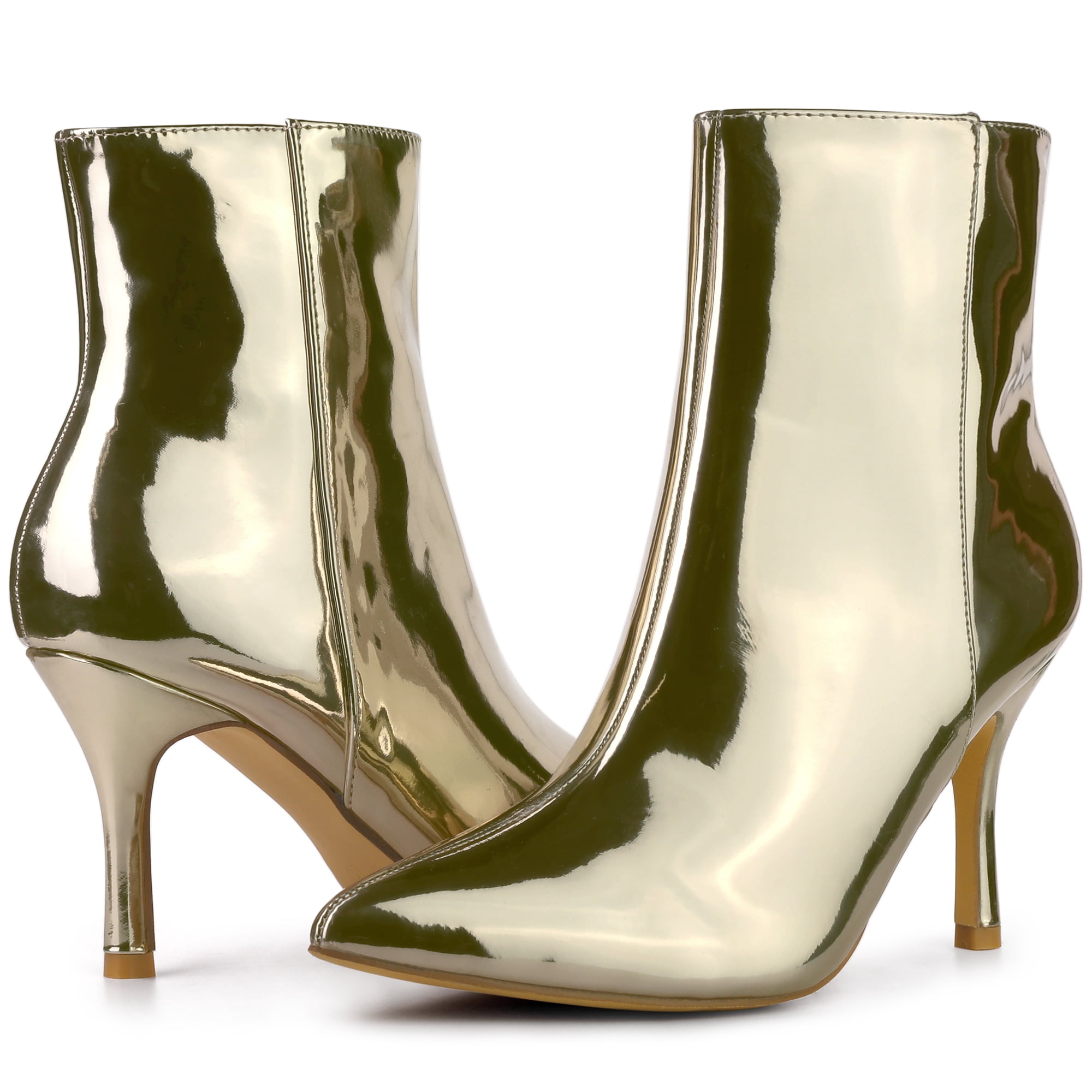 Unique Bargains Mirror Leather Pointy Toe Zipper Stiletto Heels Ankle Boots for Women Gold 7