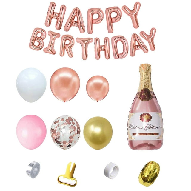 Globo de botella de champán de oro rosa, decoraciones de fiesta de feliz cumpleaños para mujeres y niñas, conjunto de decoración para ella, pancarta de feliz cumpleaños