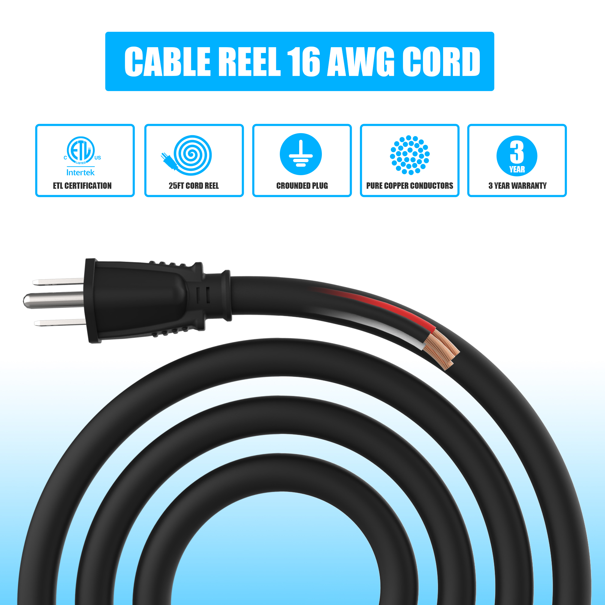 Hongyi Extension Cord Reel with 16AWG x 3C SJT 25ft 4-Outlet,Blue