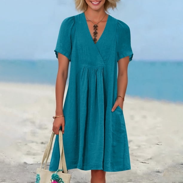 WILLBEST Vestidos De Mujer, Novedad De Verano, Vestido Plisado Informal Holgado A La Moda Retro Y De Lino Con Manga Corta Y Cuello En V