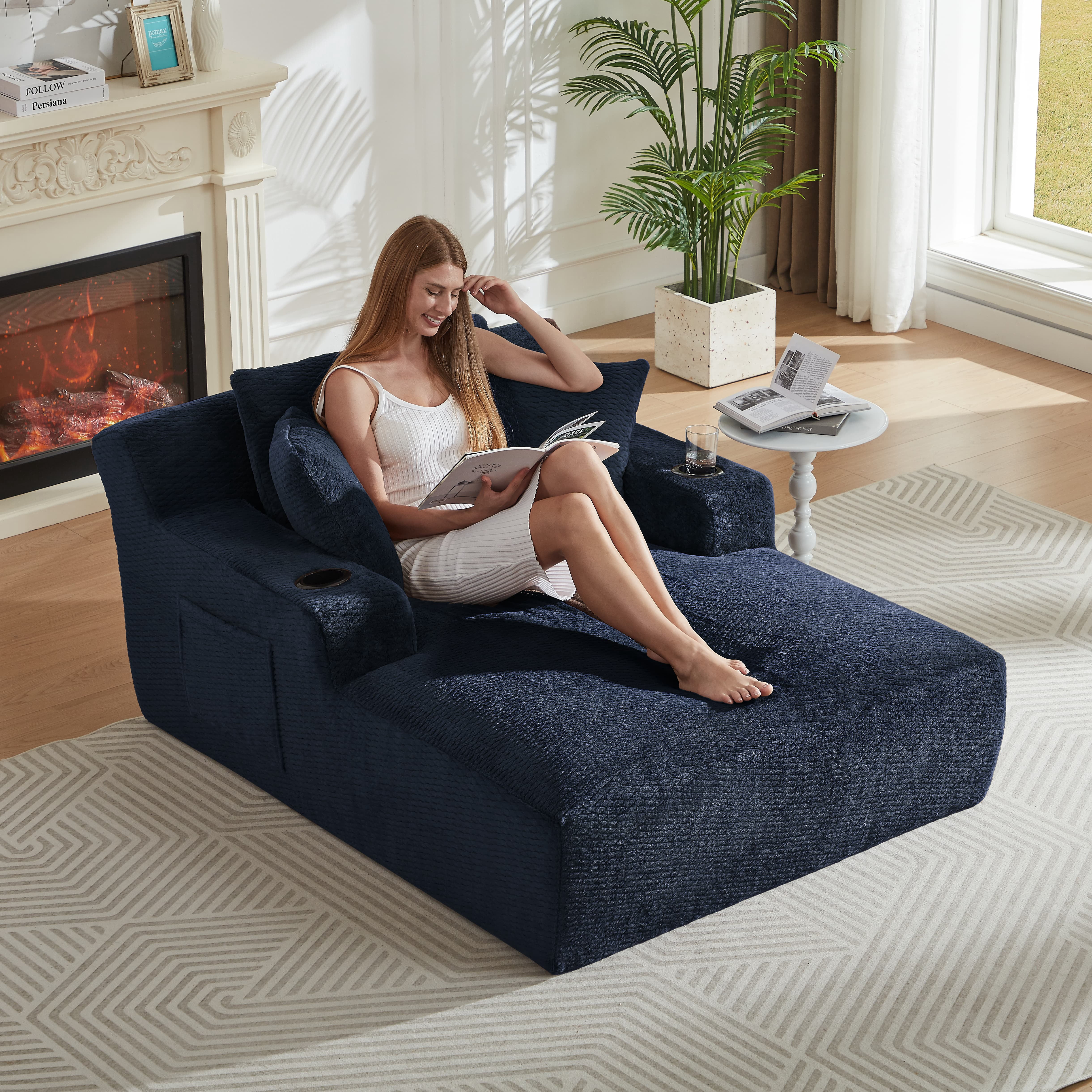 MAYEERTY Oversized Plush Chaise Lounge Sofa, Modern Comfy Sleeper with Cup Holders for Living Room, 49*66*28"Dark Blue