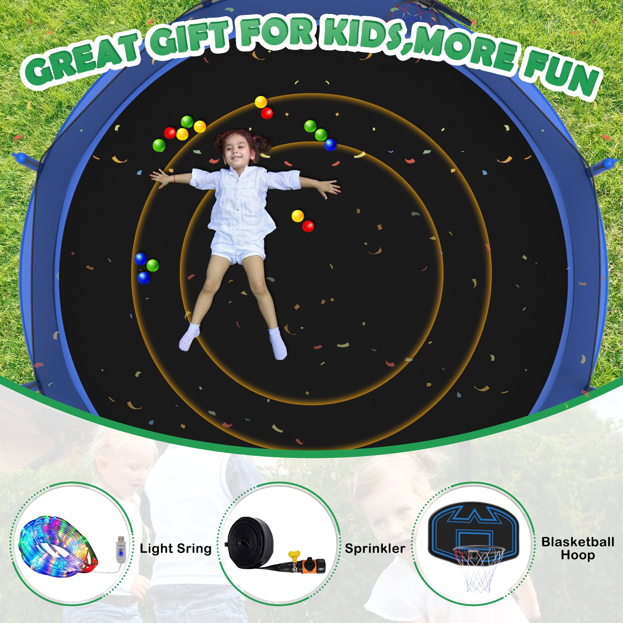 LHX 12FT 14FT 16FT Trampoline with Enclosure Net, Outdoor Trampolines for Kids Adult, Backyard Trampoline with Basketball Hoop, Ladder, Stakes, Lights, Sprinklers, Socks, Heavy Duty, 1400 LBS Loading