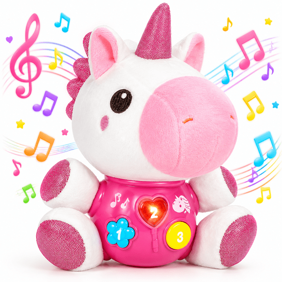JBeeCtrl Toy for 1 Year Old Girl Light Up Musical Unicorn Plush Toy Soft Stuffed Animal with 12 Songs & Sound Effects 1st Birthday Shower Gift Easter Basket Stuffer