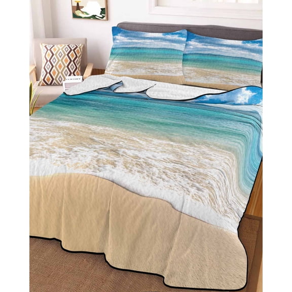 Ocean Beach Twin Size Down Alternative Comforter, Lightweight Comforter Quilt Bedding Set with Pillow Shams Blue Sky Waves Sand Horizon Shore Summer All Seasons Bed Comforter Duvet Insert 68"x86"