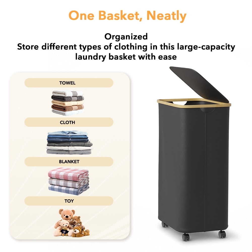 PLUMEBAY 100L Laundry Hamper with Wheels and Lid, Rolling Tall Clothes Basket with Bamboo Handle, Black