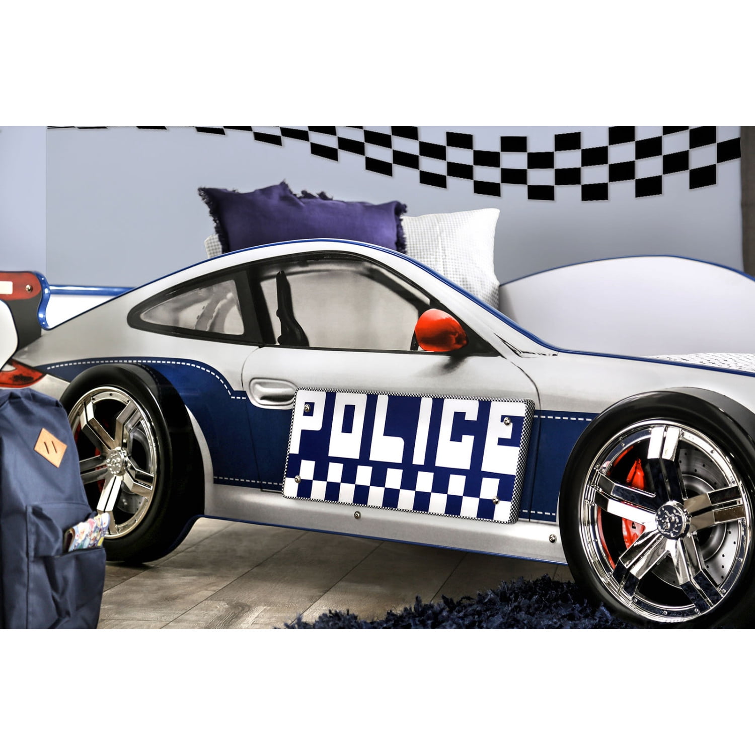 Miekor Furniture Modern Novelty Style Twin Bed Police Car Design With High gloss Design LED Lights On Wheels And Headlights Included Slat Kit Metal Structure Painted Edges Blue And White Finish MK3642