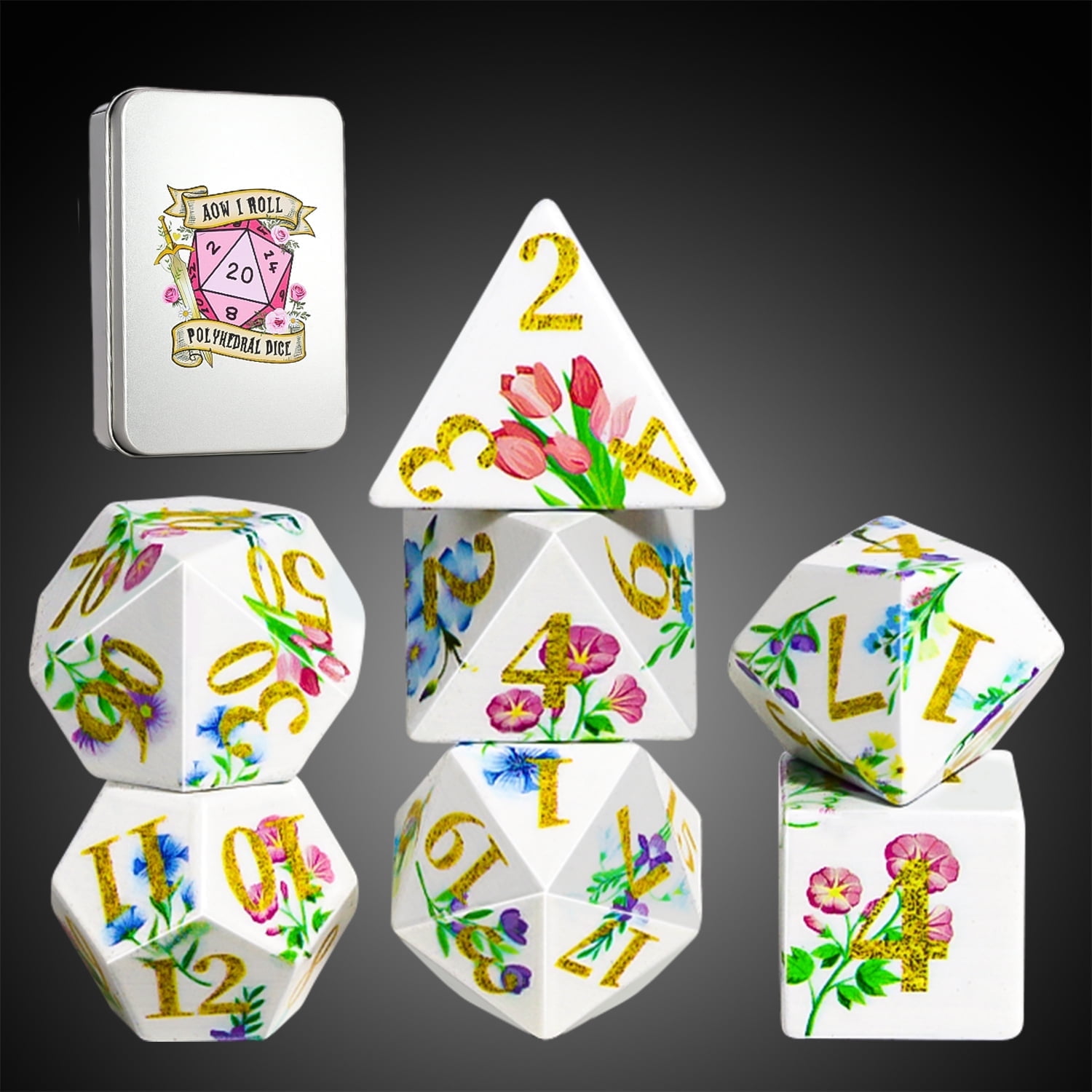 SWAJUJA DND Dice Set, 7 Piece Sharp Edge Polyhedral Dice with Metal Box, Floral Theme Design for Dungeons and Dragons