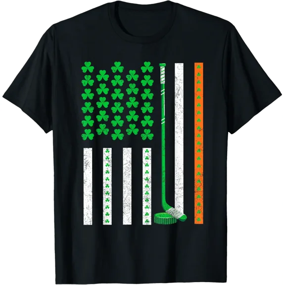 Vintage St Patrick'S Day Shamrock Sport American Flag Hockey T-Shirt All Size S-5Xl