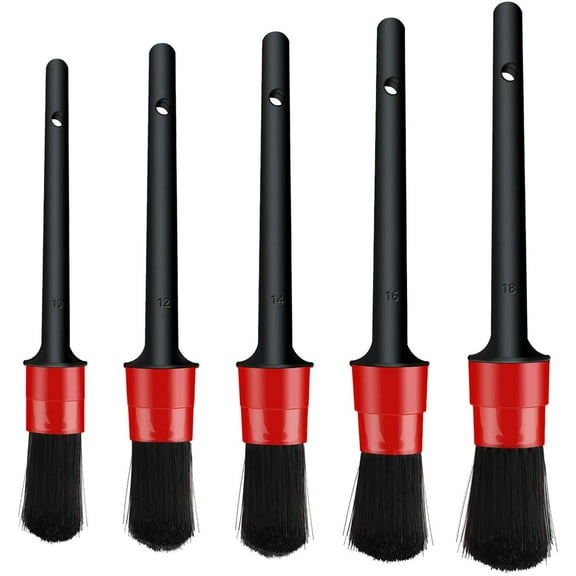 Detailing Brush Set - 5-pack Different Sizes Premium Natural Boar Hair Mixed Fiber Plastic Handle Automotive Detail Brushes for Cleaning Wheels, Engine, Interior, Emblems, Air Vents, Car, Motorcy