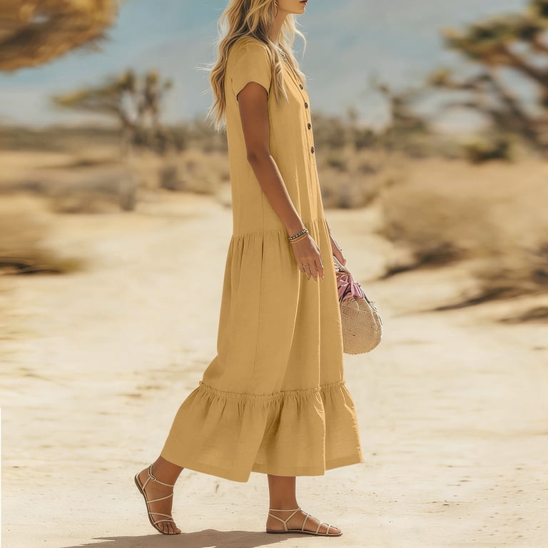 Yuxingfu Graduation Dresses Maxi V-Neck Plus Size Womens Dress Short Sleeve Solid Color Long Casual Summer Yellow XXL, Women's, Size: 2XL