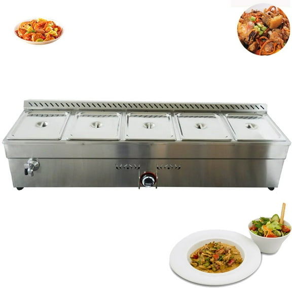 5-Pan LP Gas Food Warmer Square Buffet Canteen Steam Heater with Pressure Relief Valve