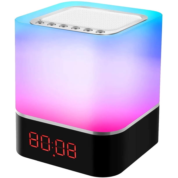 Lámpara de noche con reloj despertador y altavoz Bluetooth, luz nocturna Bluetooth de alta fidelidad, altavoz LED RGB regulable que cambia de color, luz ambiental inalámbrica (versión mejorada)