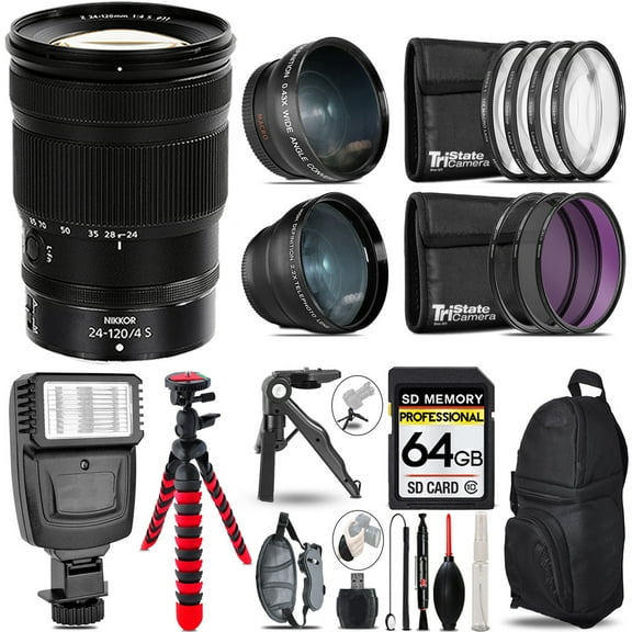 Nikon NIKKOR Z 24-120mm f/4 S Lens -3 Lens Kit   Slave Flash   Tripod - 64GB Accessory Bundle
