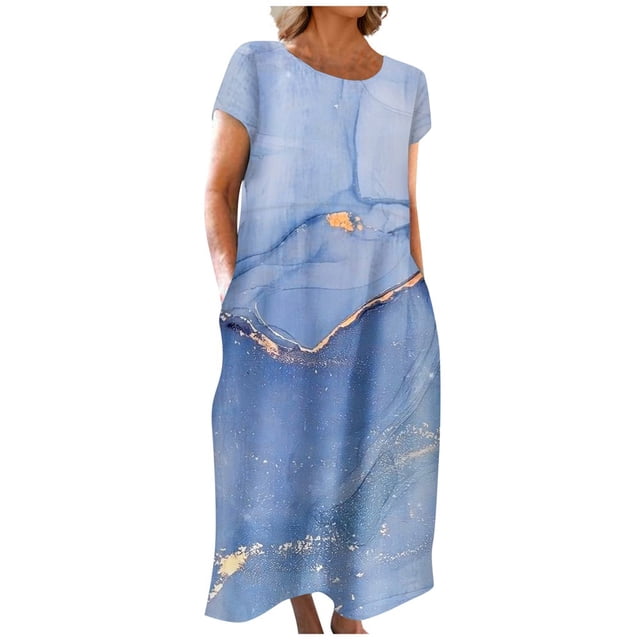 CHOK Robe en Lin Décontractée à Manches Courtes Col Rond pour Femmes Couleur Unie Coton Lin Robe d'Été 2024 avec Poches Gris TG
