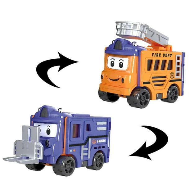 Fiudx Set de Coches Transformables, Camión de Bomberos con Escalera y Montacargas Reversible, Camiones de Construcción Abatibles, Juego de Rol Educativo, Regalo Navideño, Plástico Seguro, 4 Coches In