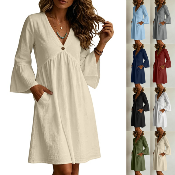 Dvprdro Cotton Linen V Neck 3/4 Sleeve Flared Ruffle Hem Loose A Line Mini Dress for Women 2026 Summer Beach Casual Solid