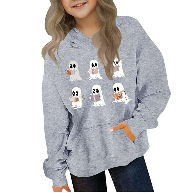 Chandail en Molleton d'Halloween pour Fille, Chandail Graphique Fantôme, Col Rond, Manches Longues