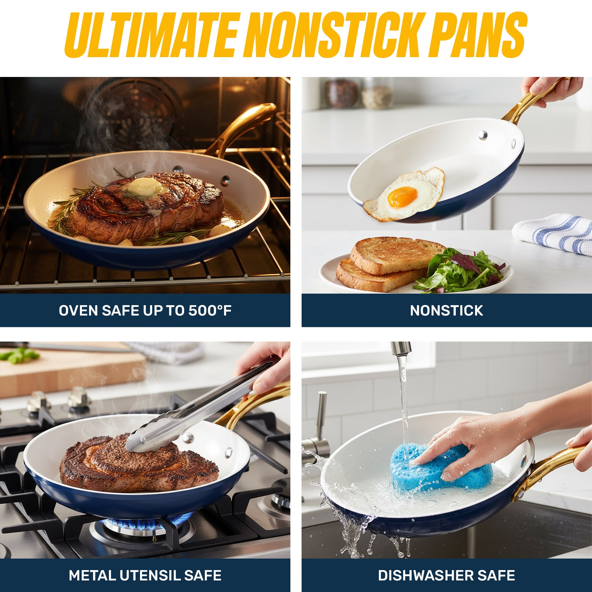 Gotham Steel 12 Inch Non Stick Frying Pans Large Nonstick Cooking Pan, Nonstick Skillet, Non Stick Pan, Ceramic Pan Dishwasher Safe, Navy/Cream
