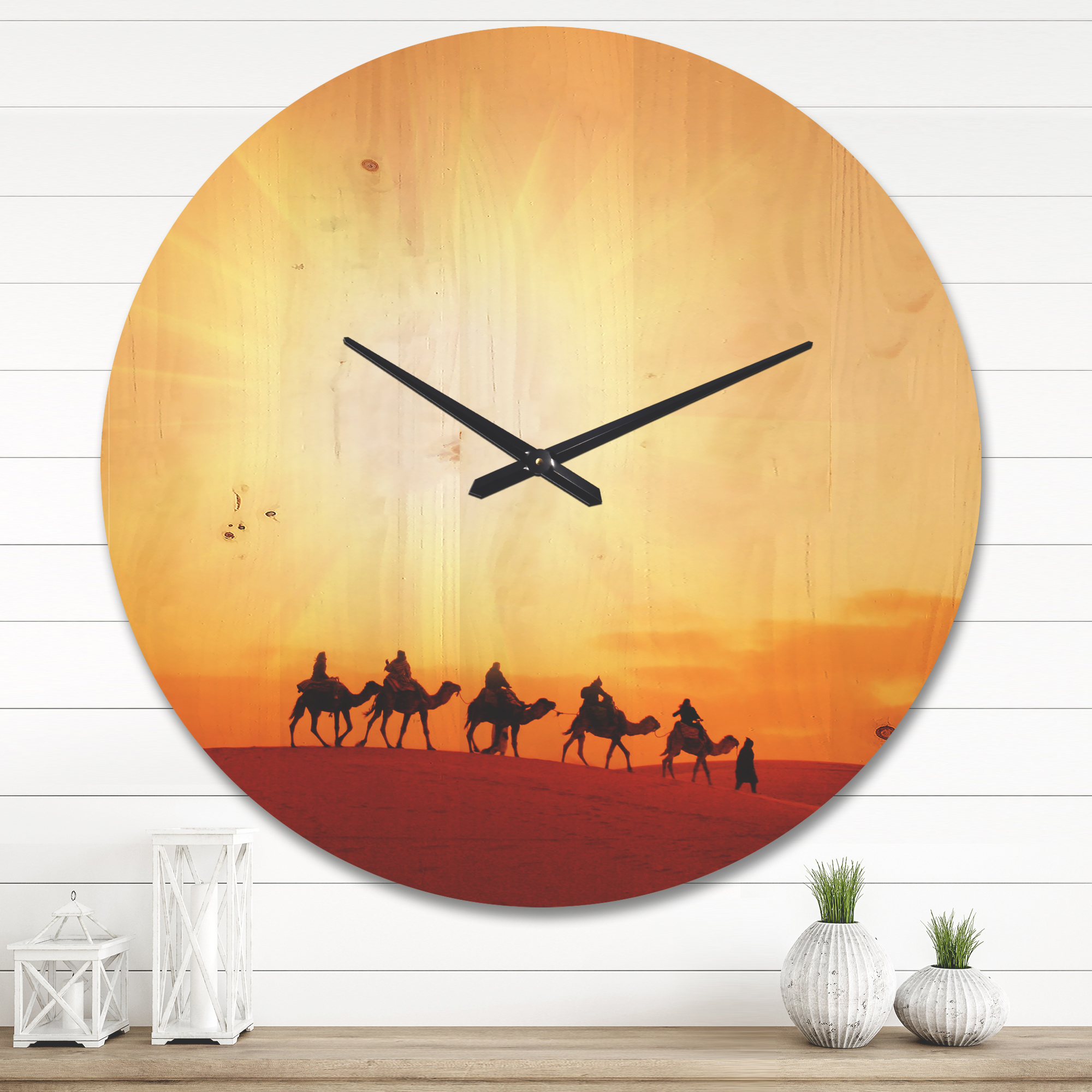 Designart 'Camel Caravan in Sahara Dessert ' Modern Wood Wall Clock