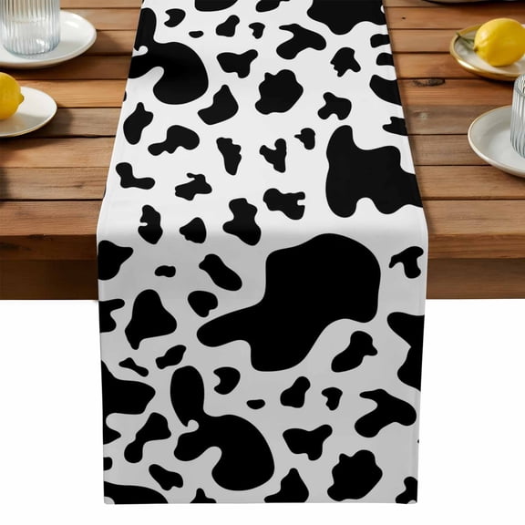 Cow Texture Table Runner, Black White Animal Skin Pattern Kitchen Table Runners Dress Scarves for Table Decorations Party/Restaurant/Indoor Outdoor Use, 18x72in
