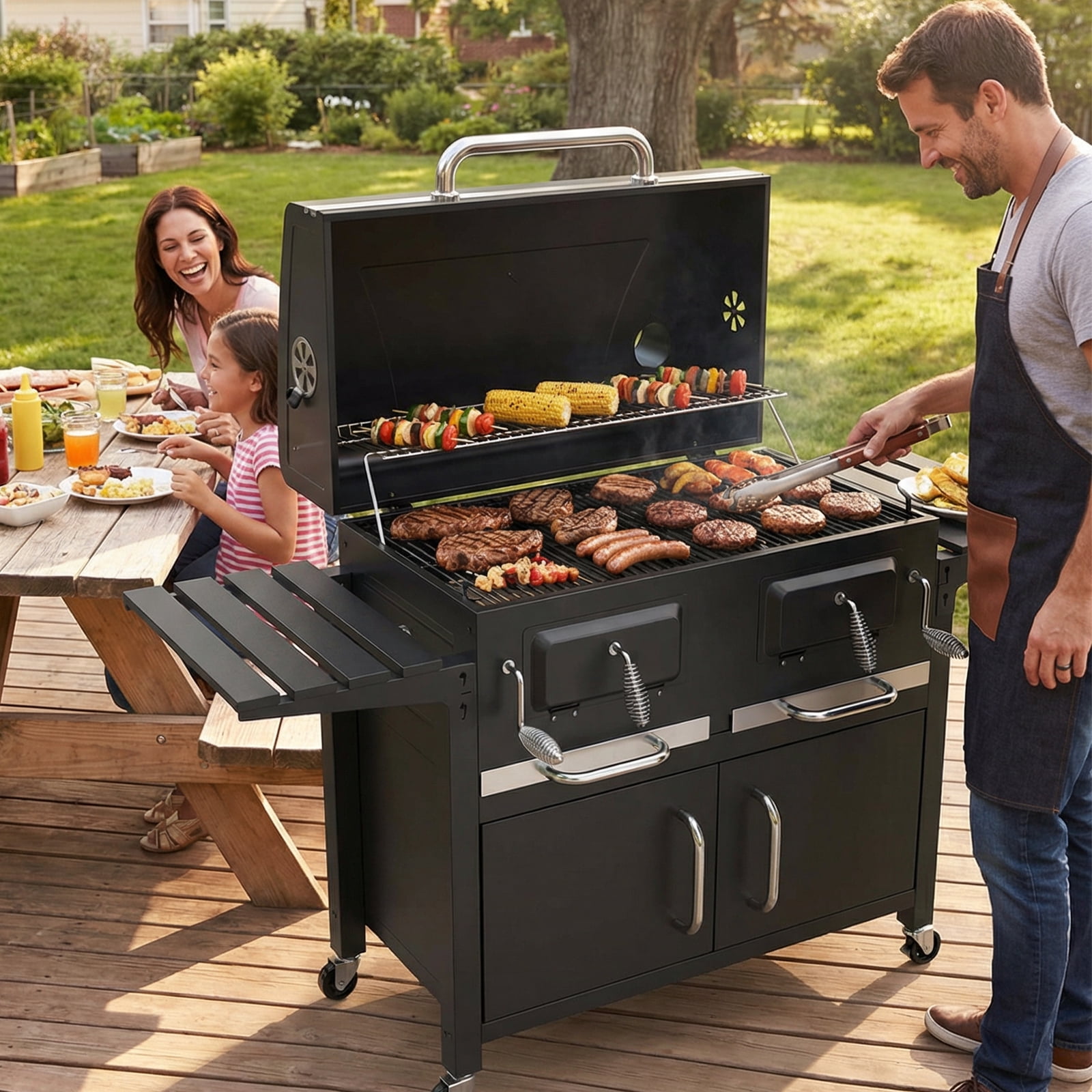 Frizi Charcoal Grill Outdoor BBQ  Cooking Grill with2 Individual Lifting Charcoal Trays and 2 Foldable Side Tables