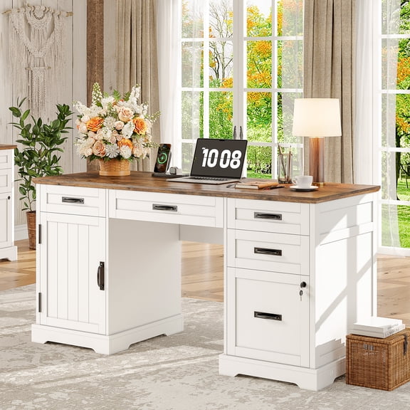 Executive Desk with File Drawers, 55'' Farmhouse Desk Modern for Adult Home Office, White