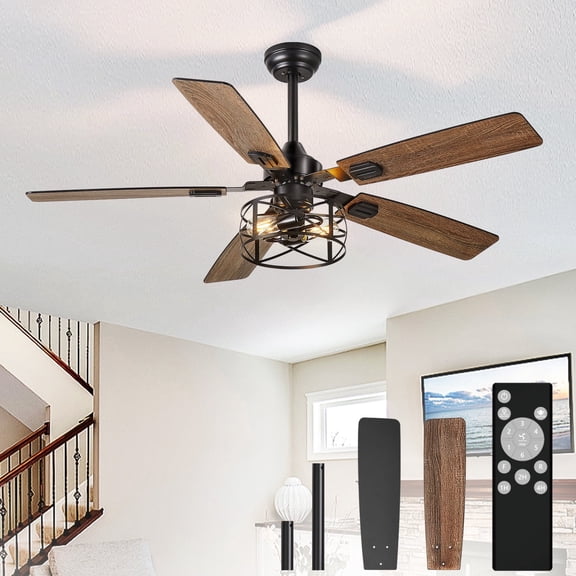 52-Inch Caged Ceiling Fans with Lights: Dual Finish 5 Black Walnut Blades Hanging Fan - Rustic Ceiling Fan with Remote APP Control for Farmhouse Indoor/Outdoor Use