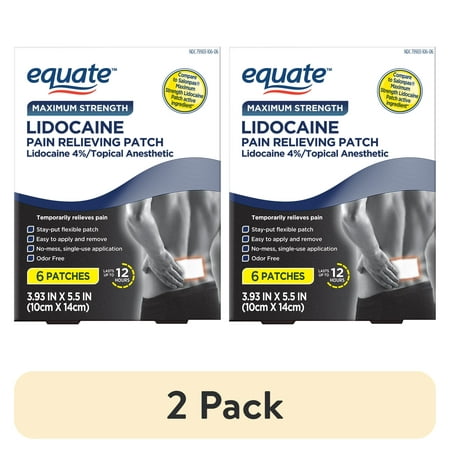 (2 pack) Equate Maximum Strength Lidocaine Pain Relieving Patches for Body, Muscle Aches & Pains - Pack of 6