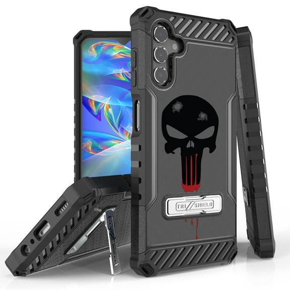 Tri-Shield Case for Gabb Phone 3 Pro, Slim Shockproof (MIL-STD 810G-516.6 Drop Tested) Military Grade Metal Kickstand Protective Cover - Black Skull