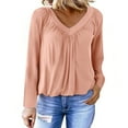 thumbnail image 2 of Miluxas Womens V Neck Long Sleeve Shirts Pleated Tops Fall Dressy Solid Color Casual Blouses Rose Gold M(M), 2 of 8