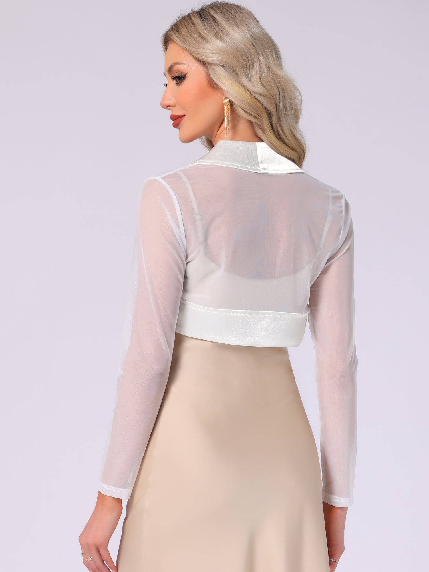 DARING DIVA Women's Mesh Coverup Open Front Long Sleeve Satin Shrug XL White