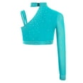 thumbnail image 4 of Manyakai Kids Girls Shiny Rhinestone Jazz Latin Modern Lyrical Dance Crop Tops Irregular Shoulder Blue Green 16, 4 of 7