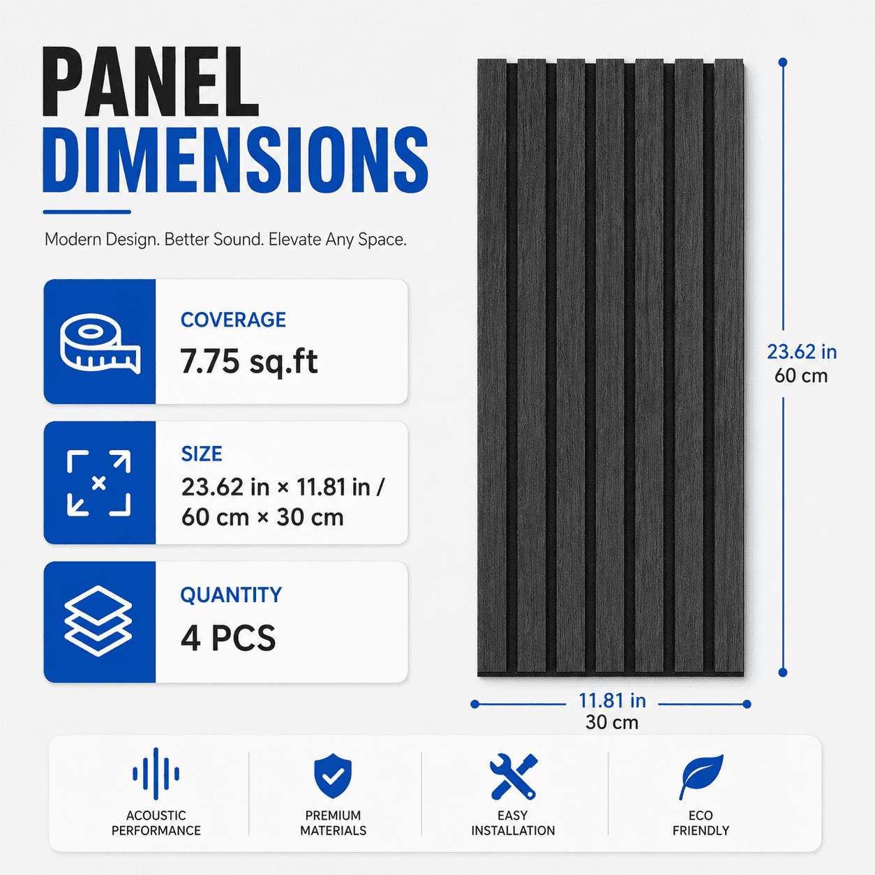Yeslife 4 pcs Wood Slat Acoustic Wall Panels, 11.81 in x 23.62 in, Grey Oak MDF, 3D Decorative Sound-Absorbing Panels for Interior Walls, 7.7 sq ft