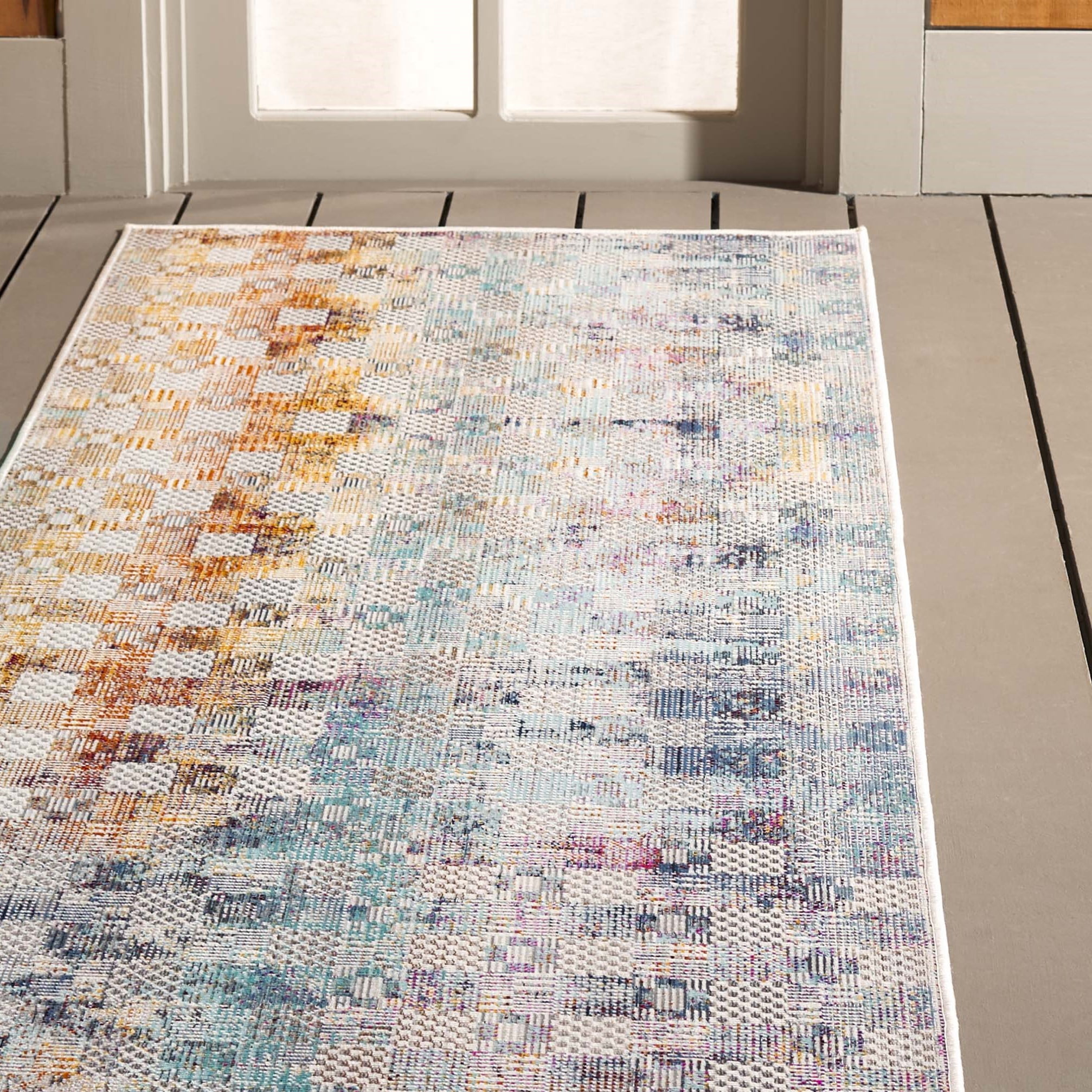 SAFAVIEH Rainbow Jamel Abstract Indoor/Outdoor Runner Rug, Blue/Gold, 2'6" x 8'