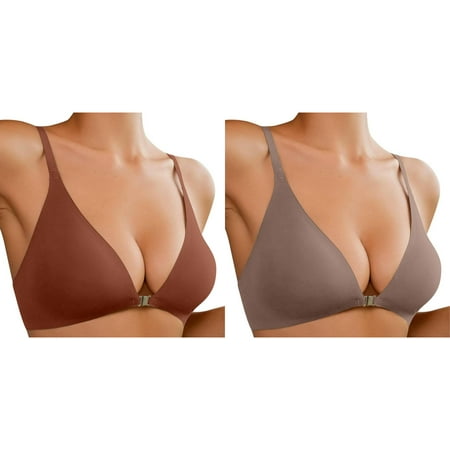 Lojoutye 2 Pack(Gold 1PCS & Rose Gold 1PCS) Multipack Front Closure Bras for Women No Underwire Low Cut V Padded Bralette Seamless Comfy Bras with Support